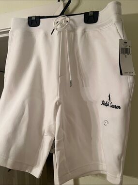Ralph Lauren White Men's Athletic Logo Drawstring Shorts with Navy Embroidery